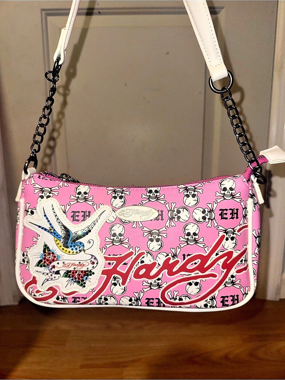 Ed Hardy Pink Skull & Swallow Chain Shoulder Bag